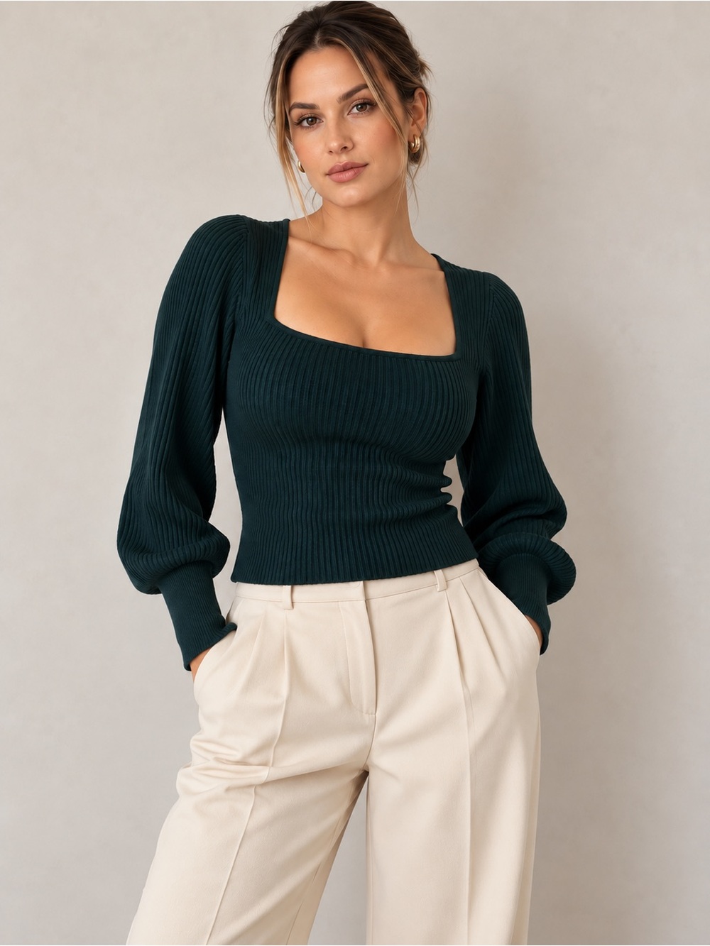 💎 OAK + FORT Forest Green Ribbed Square Neck Puff Sleeve Sweater Small